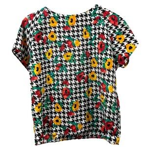 Impressions of California Floral Houndstooth Blouse Vintage Short Sleeve Top